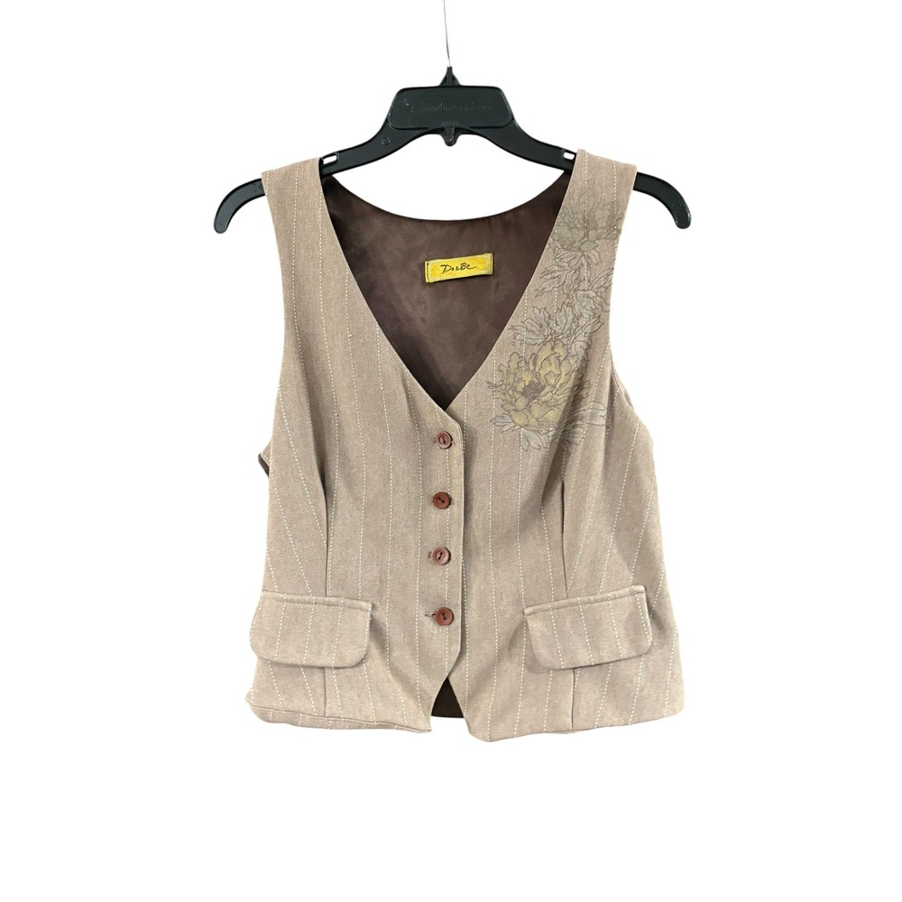 Do+Be Womens Tan Pinstripe Floral Embroidered Satin Back Button Front Vest Large